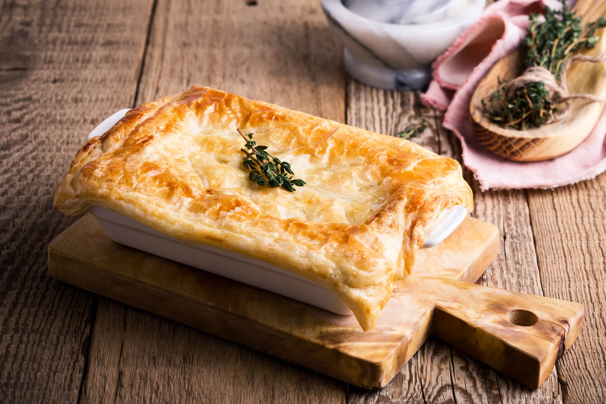 Chicken pot pie with vegetables and aromatic herbs