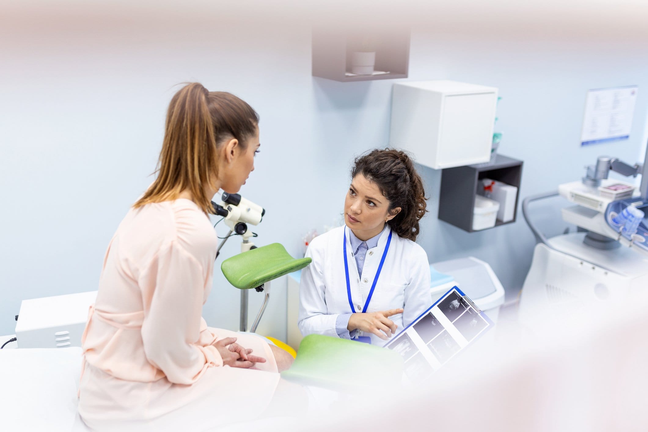 gynecologist doctor and a patient on a gynecological chair. Preventive reception, preparation for medical examination, pregnancy management, health care gynecology contol