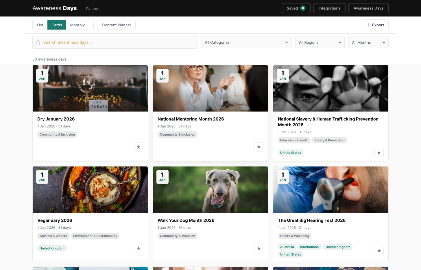 Awareness Planner cards view showing awareness day events with featured images