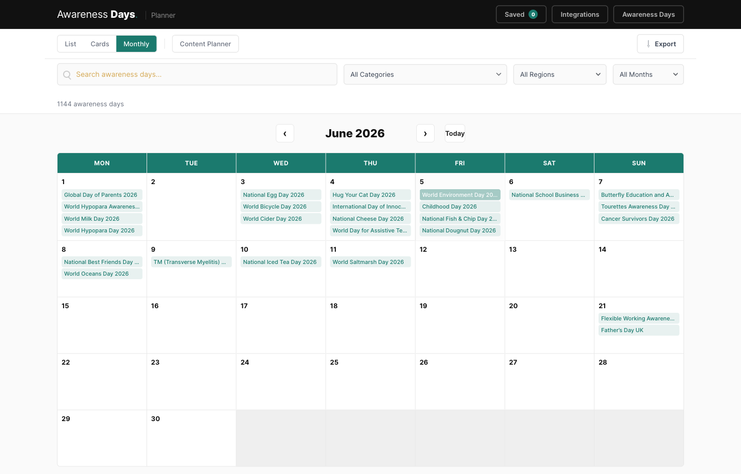 Awareness Planner calendar view showing June 2026 with awareness days populated on each date