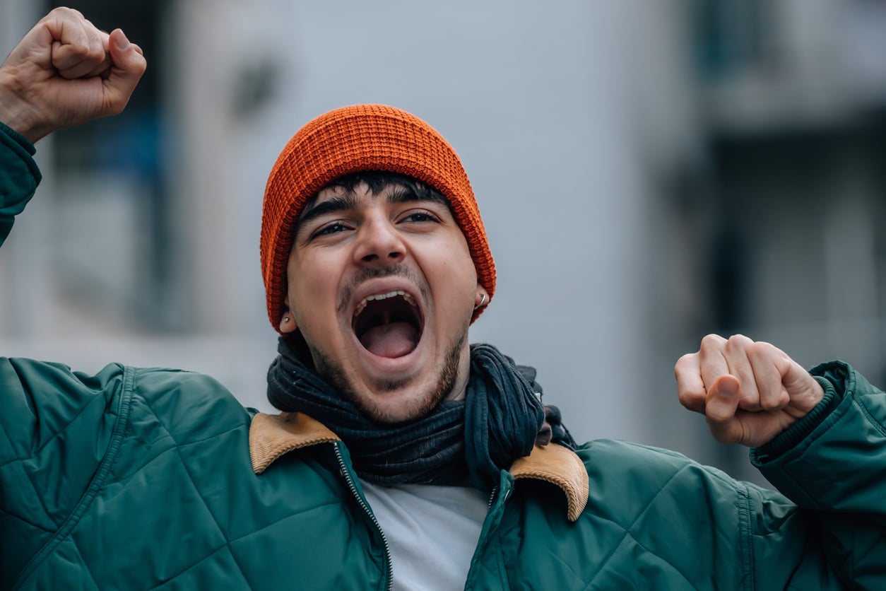 Shouting at winter for Hoodie Hoo Day