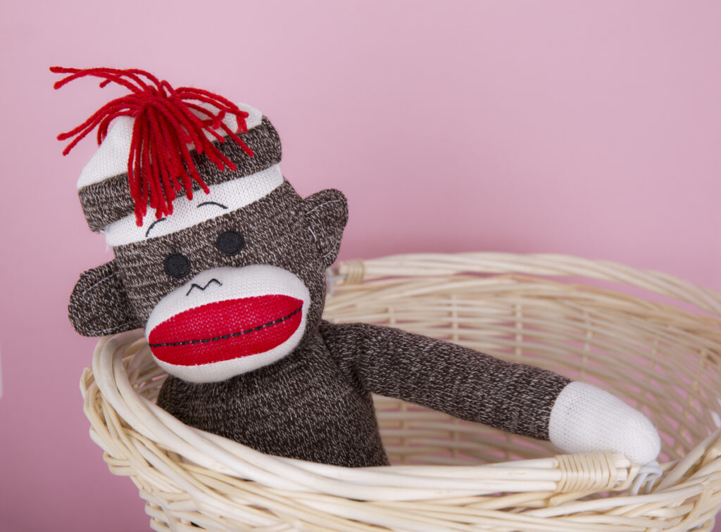 Handmade sock monkey toy for National Sock Monkey Day