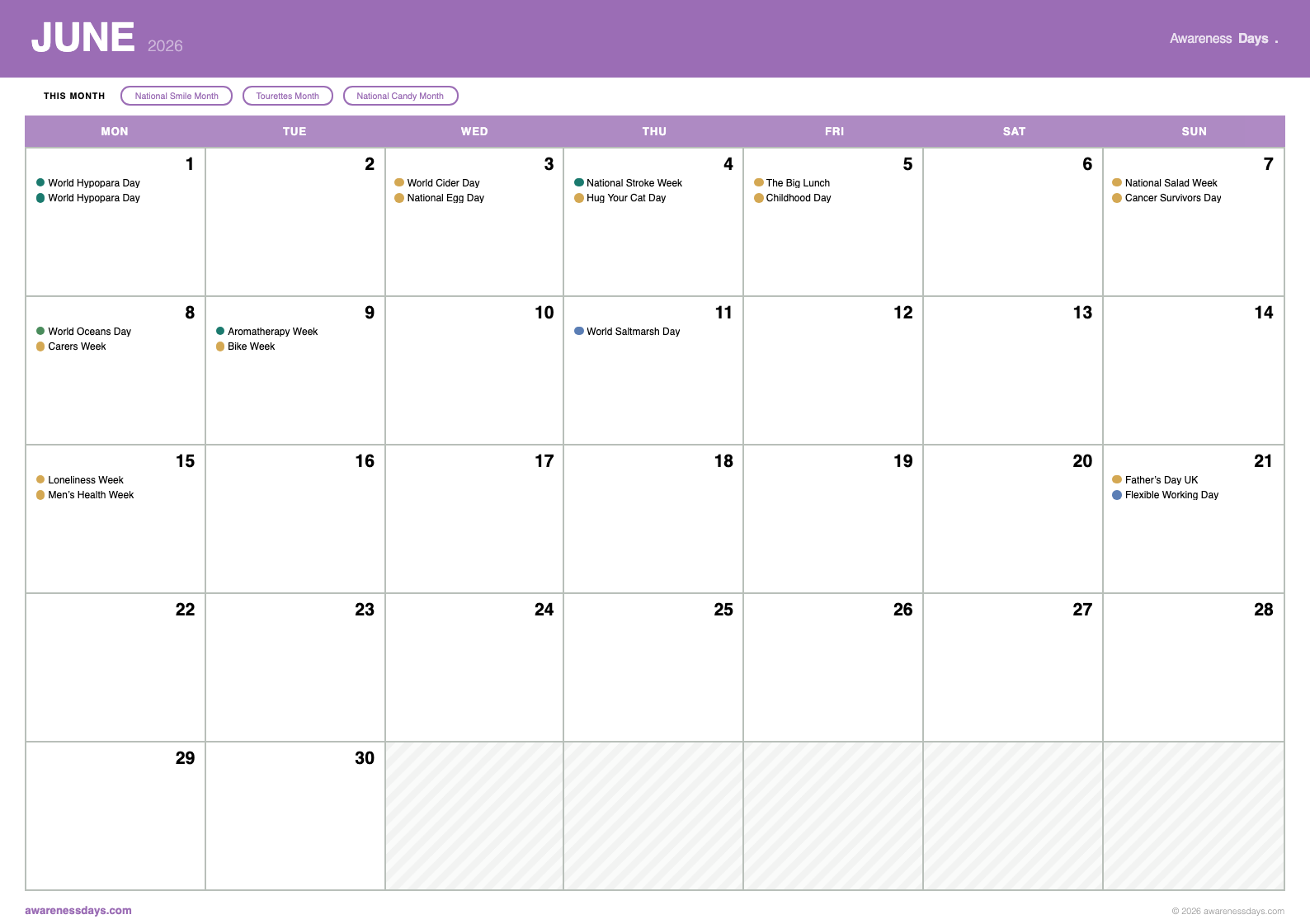 2026 Desktop Calendar showing June awareness days