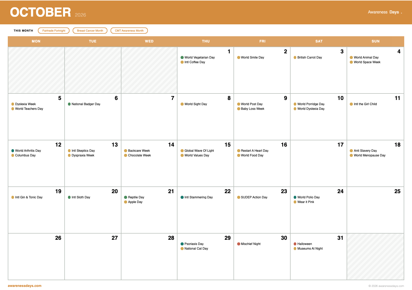 2026 Desktop Calendar showing October awareness days