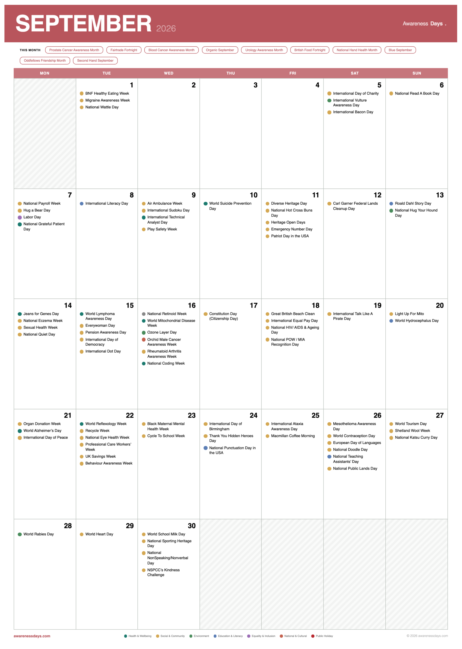 2026 Monthly Calendar showing September awareness days