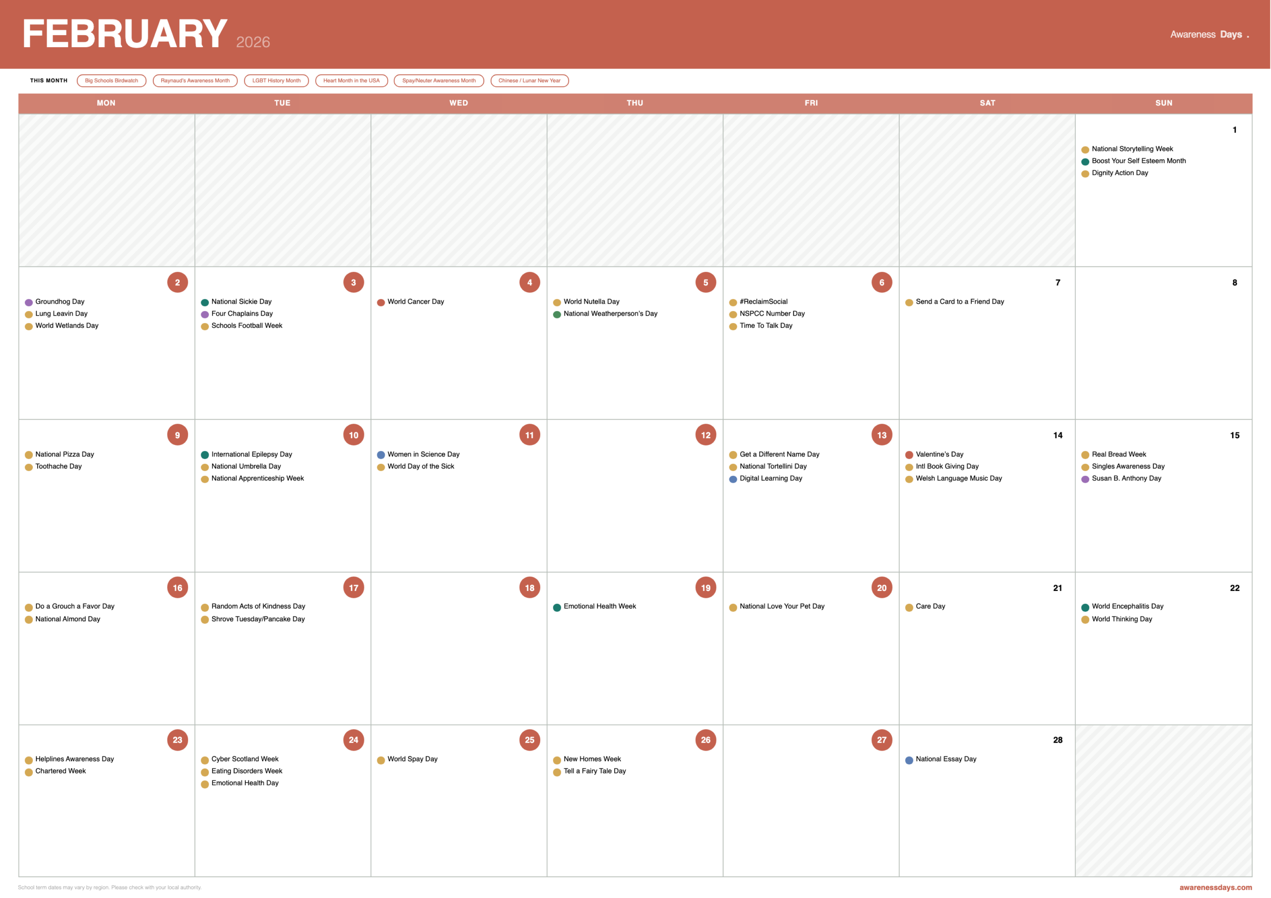 2026 School Planner showing February awareness days