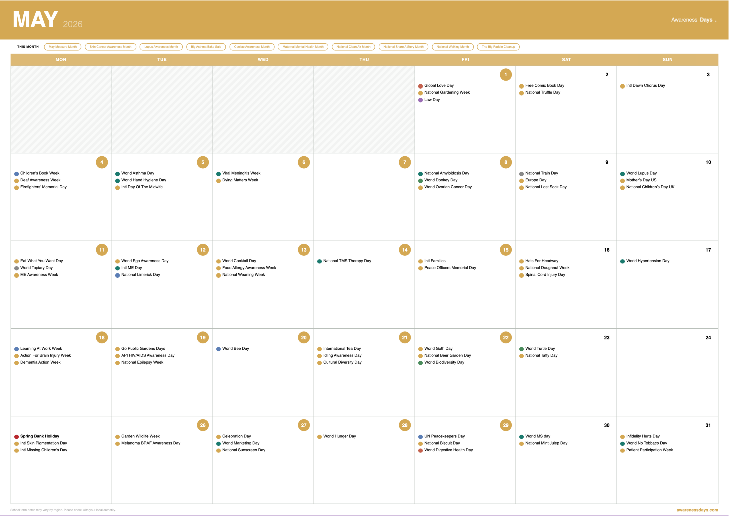 2026 School Planner showing May awareness days and PSHE links
