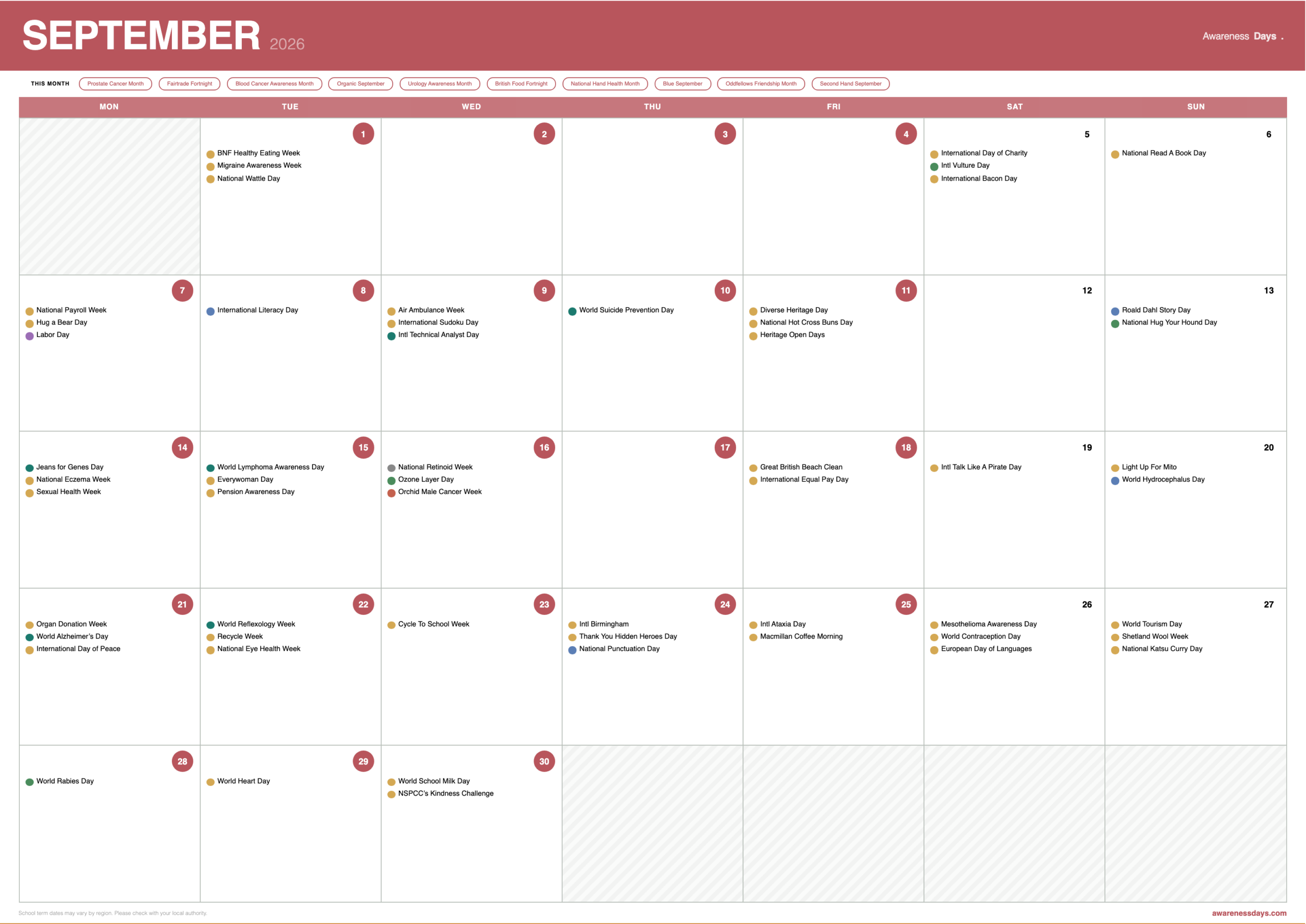 2026 School Planner showing September awareness days