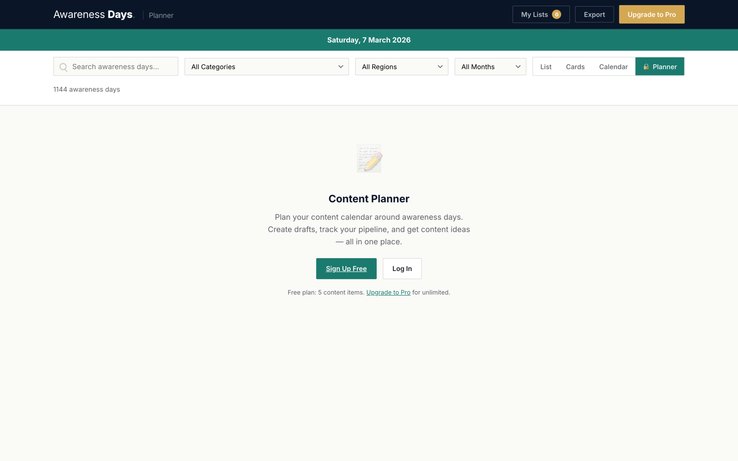 Content planner calendar with colour-coded content items