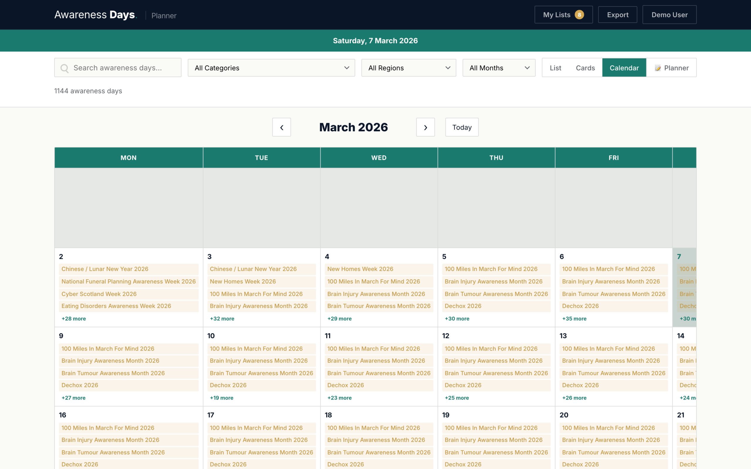 Monthly calendar view