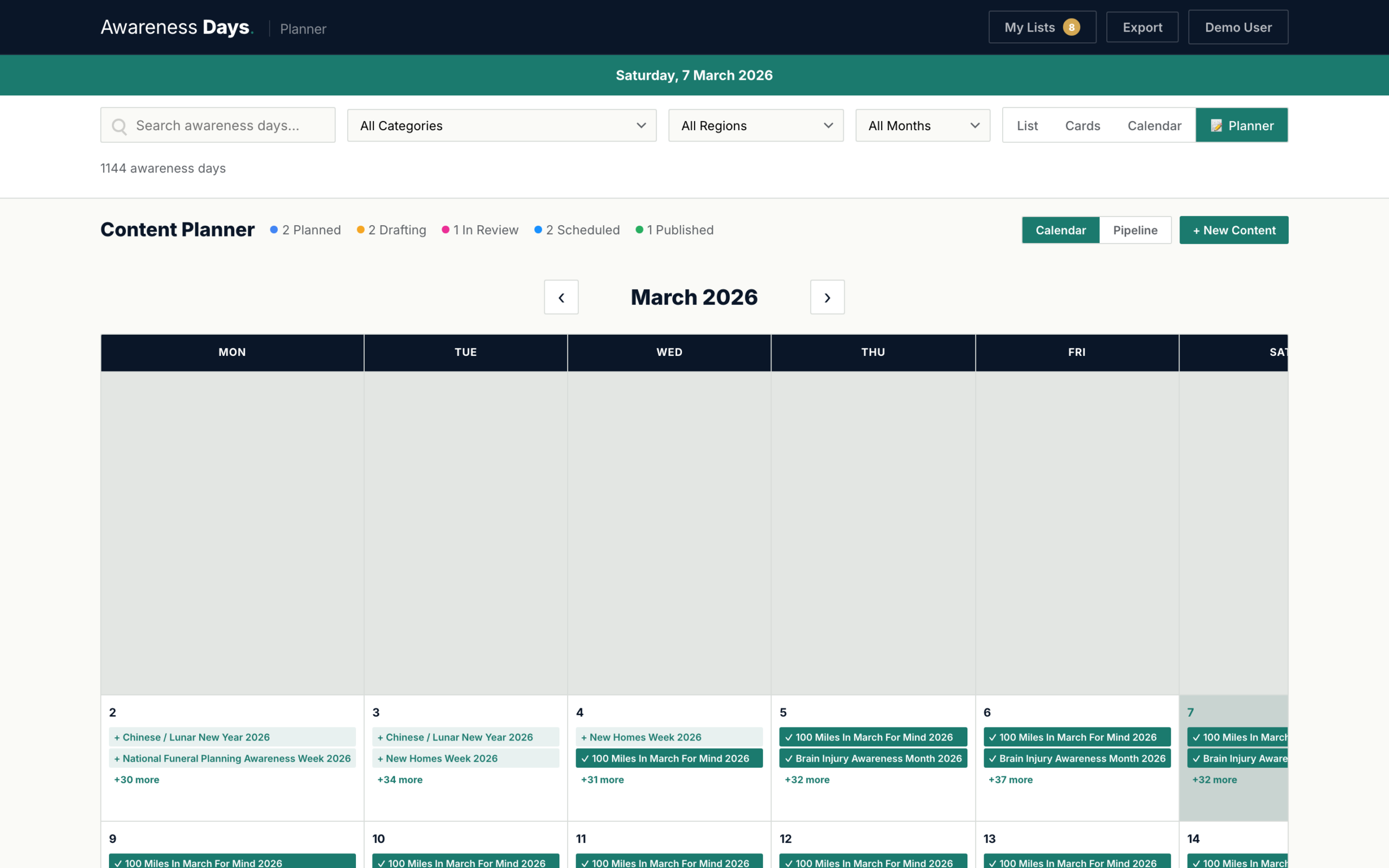 Content planner calendar