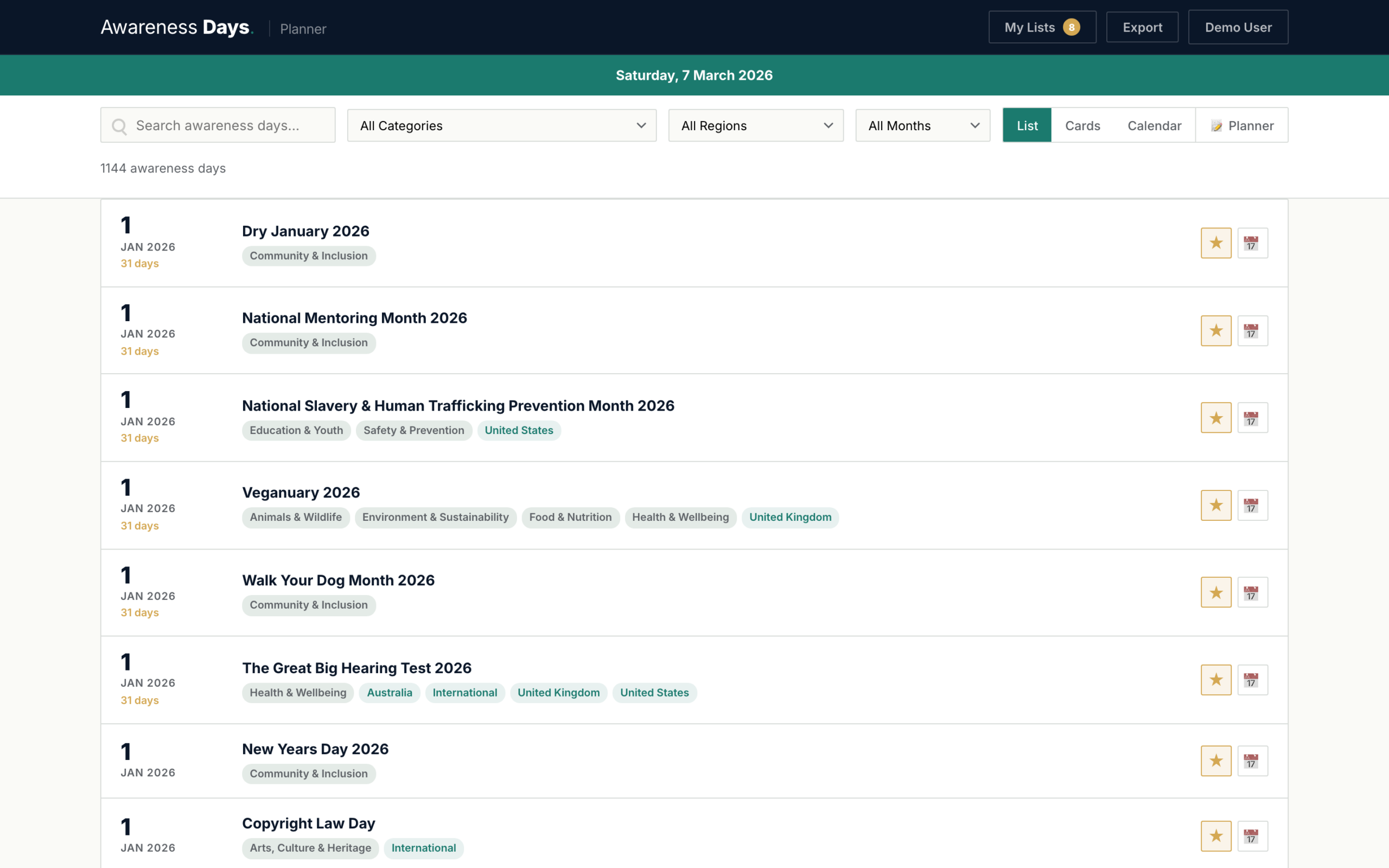 List view showing awareness days in a table format