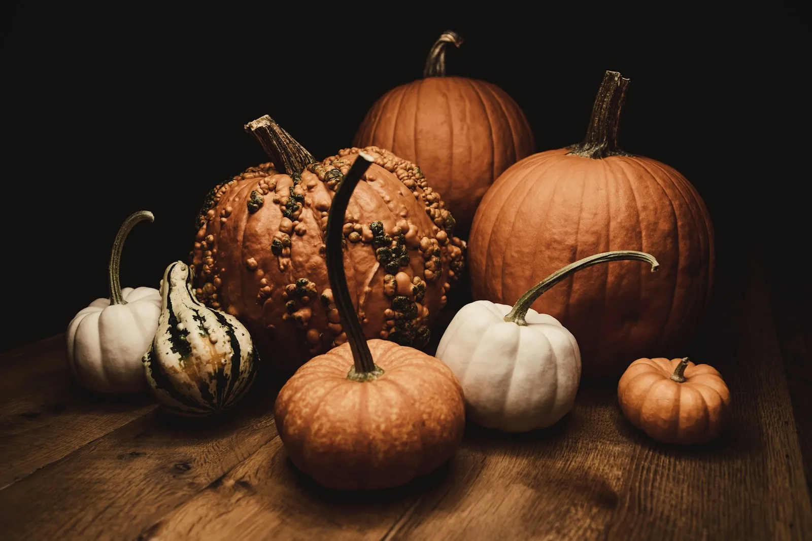 Canadian Thanksgiving: pumpkins and squash on a wooden table