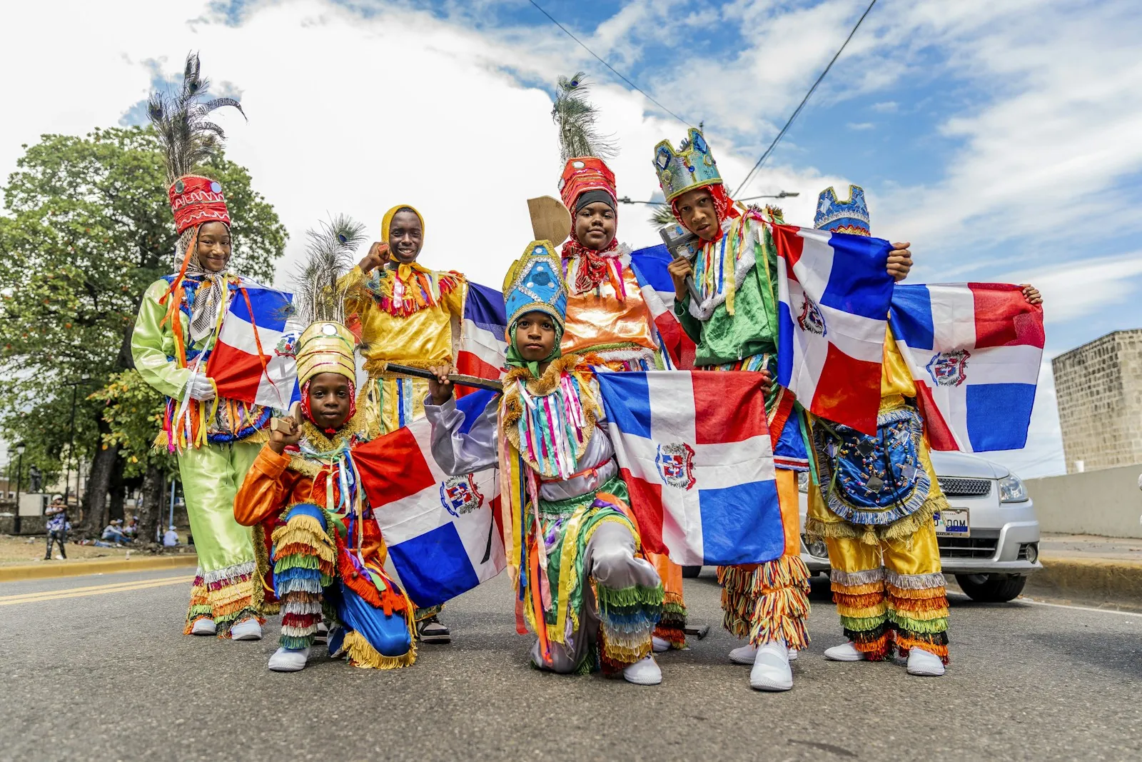 Día de la Raza: dancers in colourful costumes at a Hispanic heritage parade