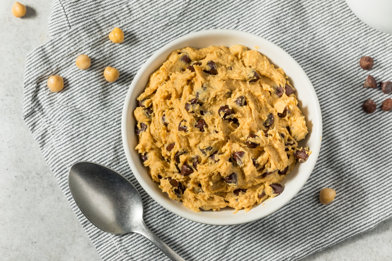 Bowl of raw cookie dough with chocolate chips
