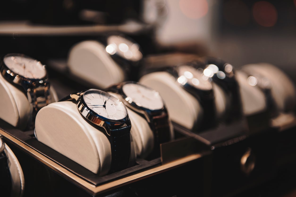 Close-up of luxury wristwatches on display for National Watch Day