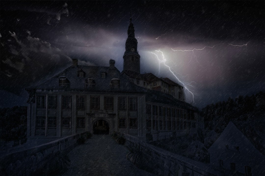 Dark gothic atmospheric scene evoking the world of Frankenstein and classic horror literature