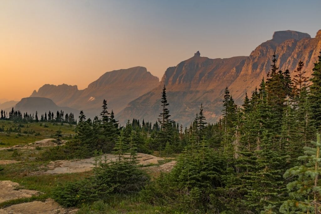 Scenic view of a US national park with mountains and forests