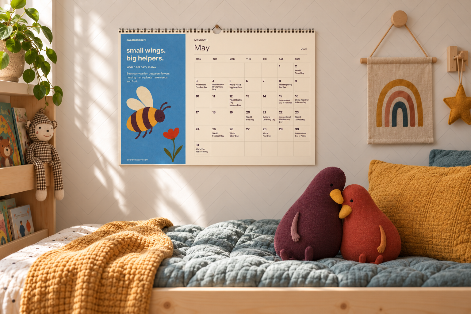 Digital room styling concept showing the A3 Monthly Calendar on a child’s bedroom wall with the original plum and red bird mascots as soft toys.