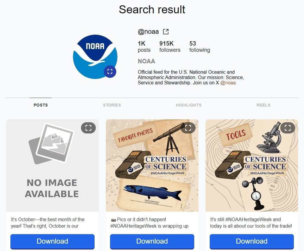 fastdl search result for the public NOAA Instagram account with Download buttons