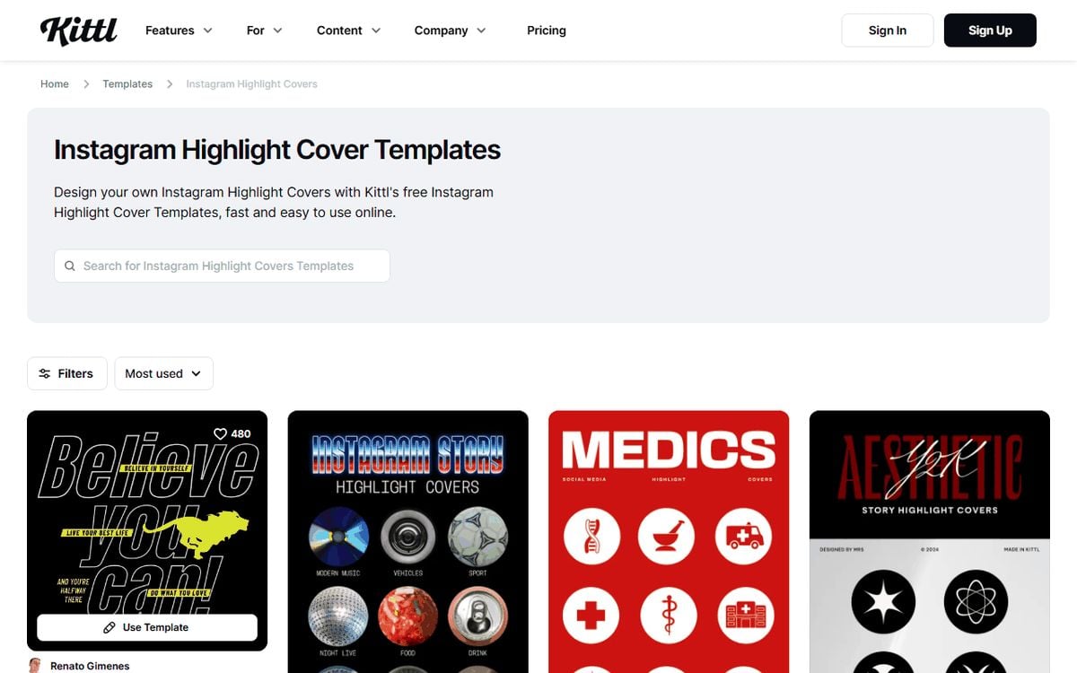 Kittl's Instagram Highlight Cover Templates gallery page