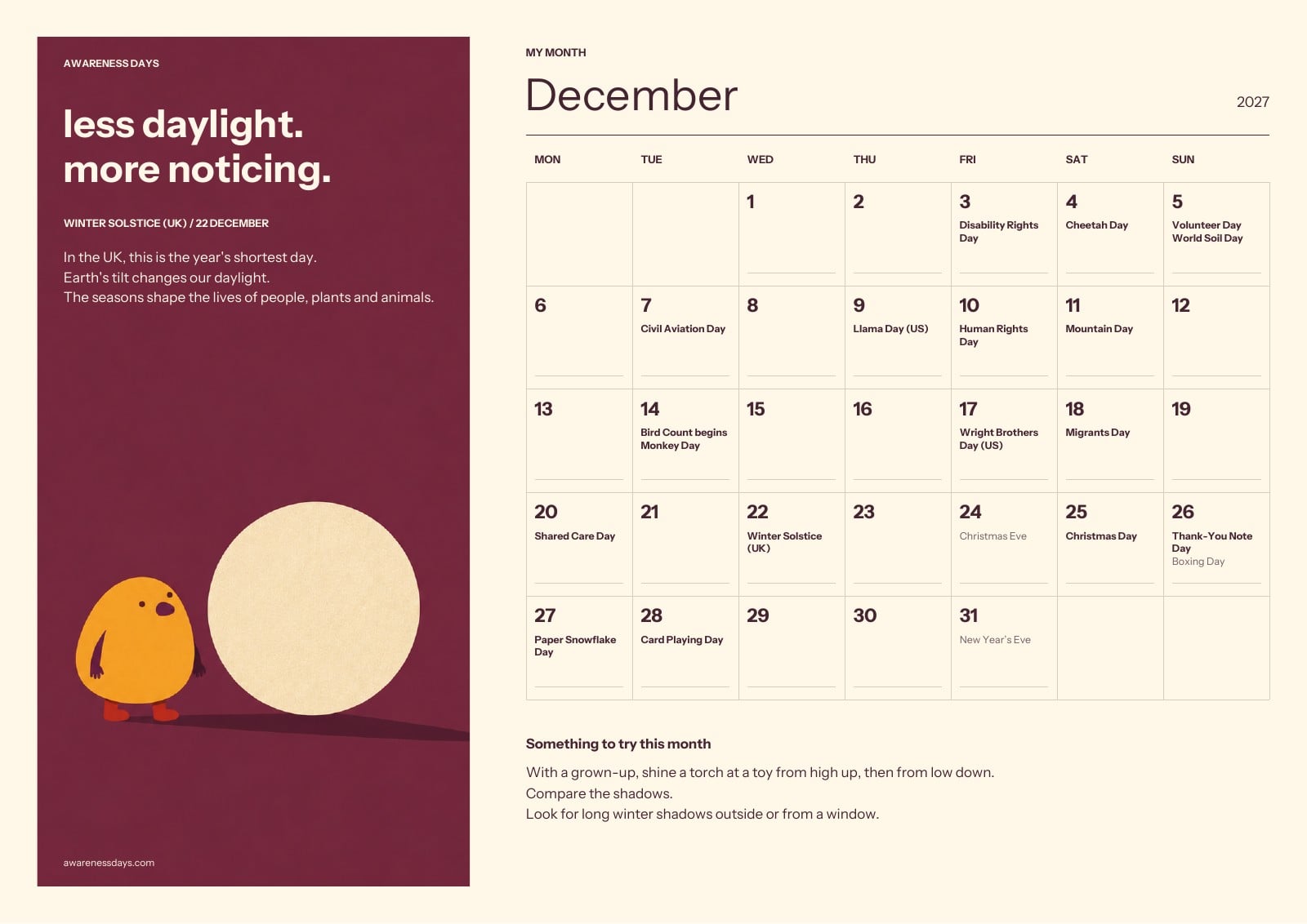 2027 Kids’ Monthly Calendar & Weekly Planner | Awareness Days