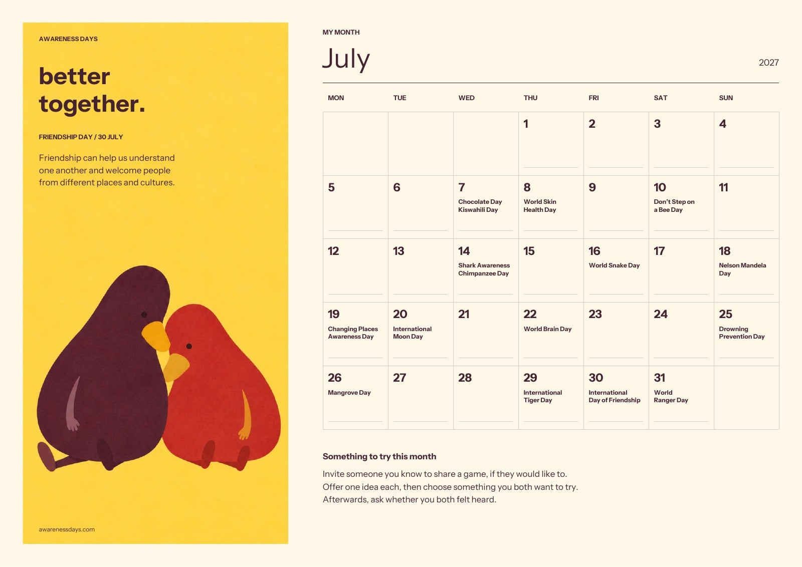 July Monthly Calendar: an illustrated page showing a full month and a friendship activity.