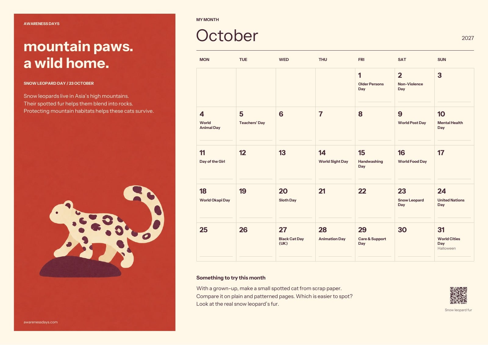 2027 Kids’ Monthly Calendar & Weekly Planner | Awareness Days