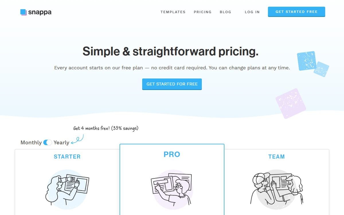 Snappa pricing page: every account starts on the free plan, no credit card required
