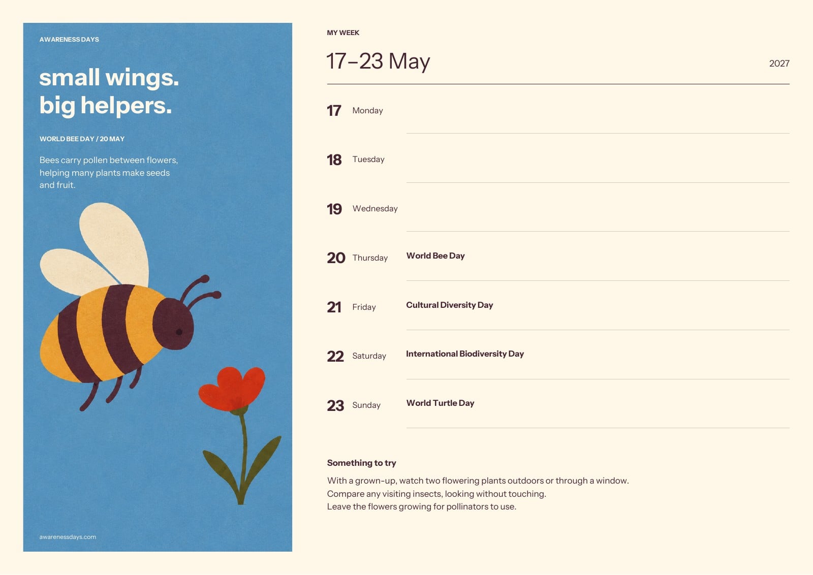 Bee Week Weekly Planner, with awareness dates, daily writing spaces and a pollinator activity.