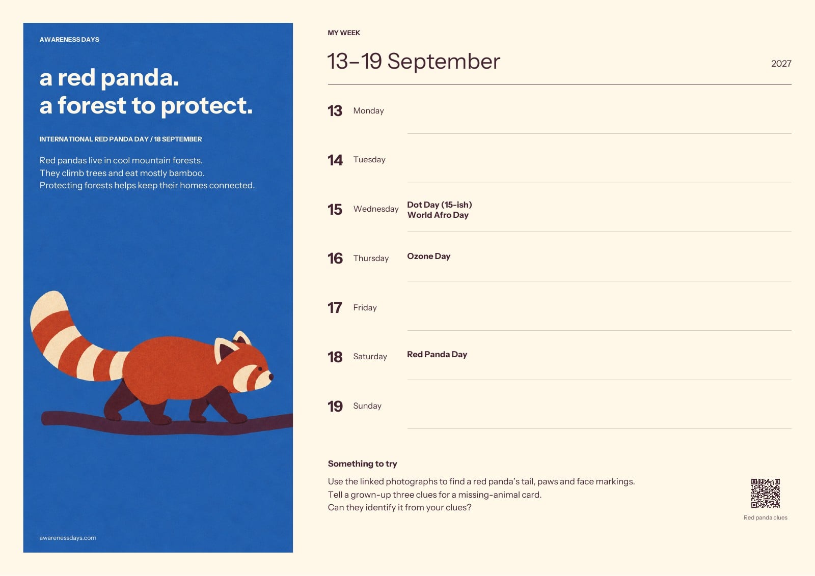2027 Kids’ Monthly Calendar & Weekly Planner | Awareness Days