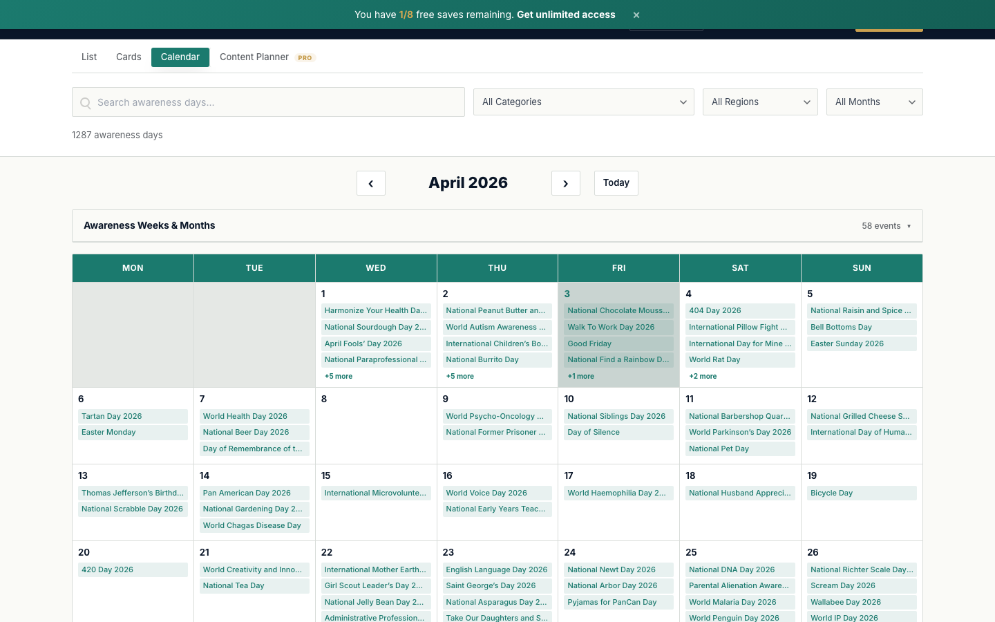 Calendar view showing April 2026 with awareness days on a monthly grid