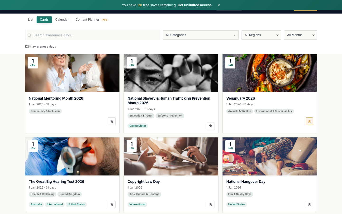 Cards view showing awareness days with images, dates, categories, and save buttons
