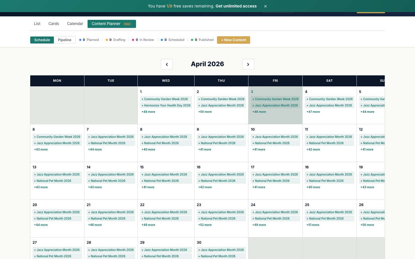 Content planner showing calendar view with awareness days and content pipeline