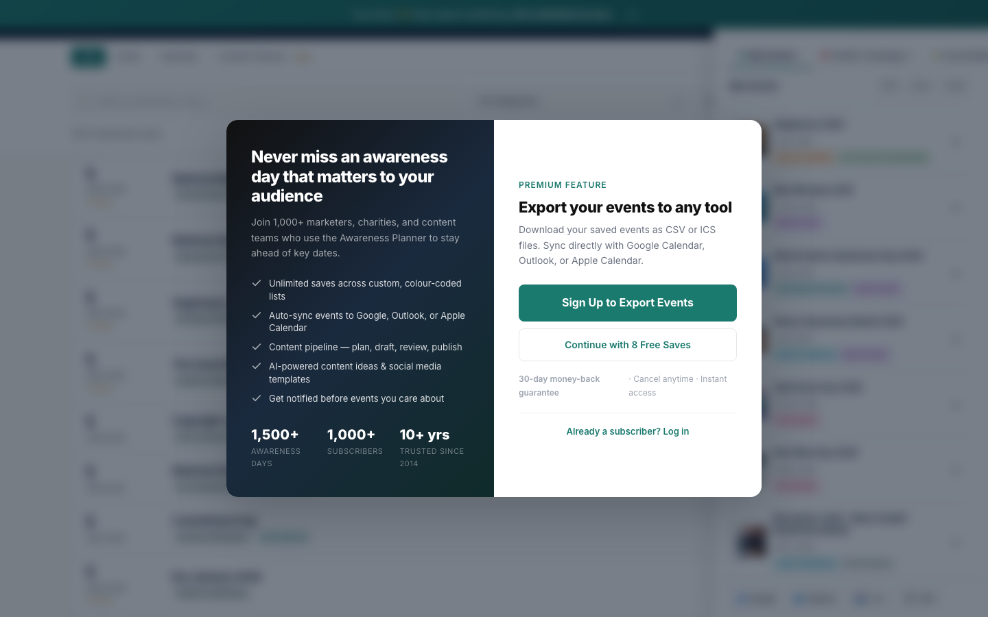 Export modal showing CSV, iCal, and JSON export options