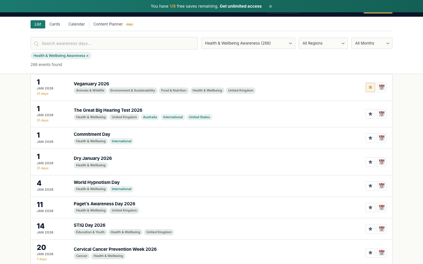 List view filtered to Health and Wellbeing category showing search and filter controls