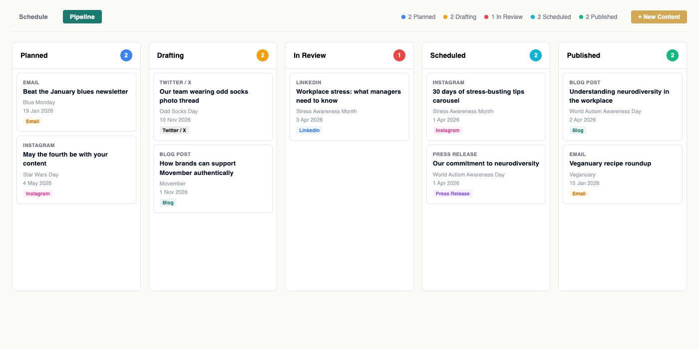 Planner app showing campaign pipeline with events and status
