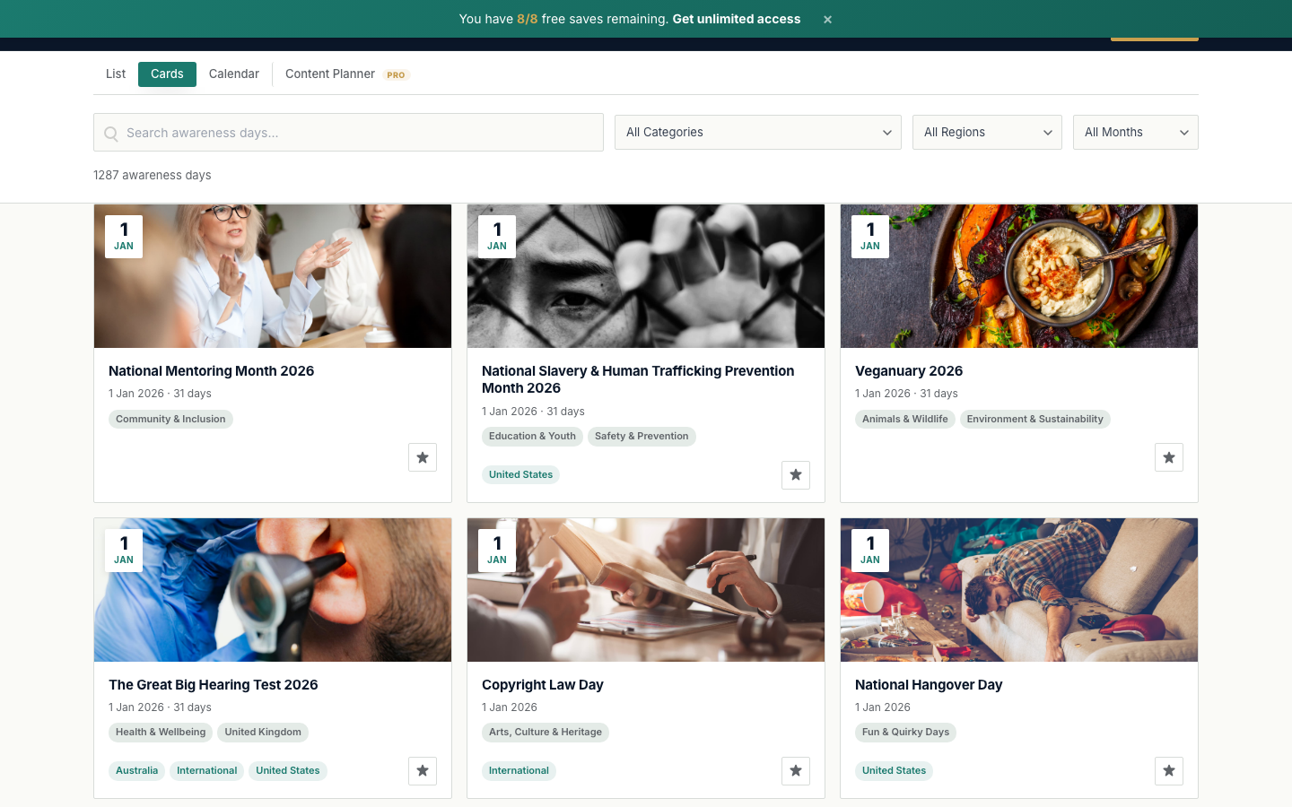 Awareness Days Planner card view showing events with images, dates, categories, and save buttons