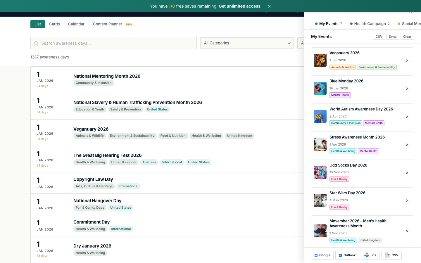 Planner with saved lists sidebar showing events, calendar sync, and export options
