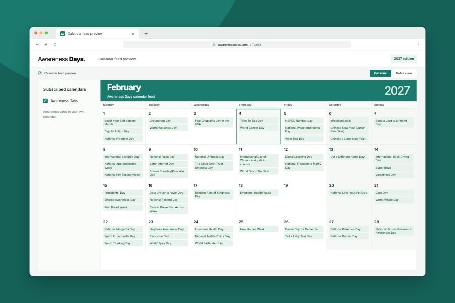 A preview of awareness dates in a subscribed calendar