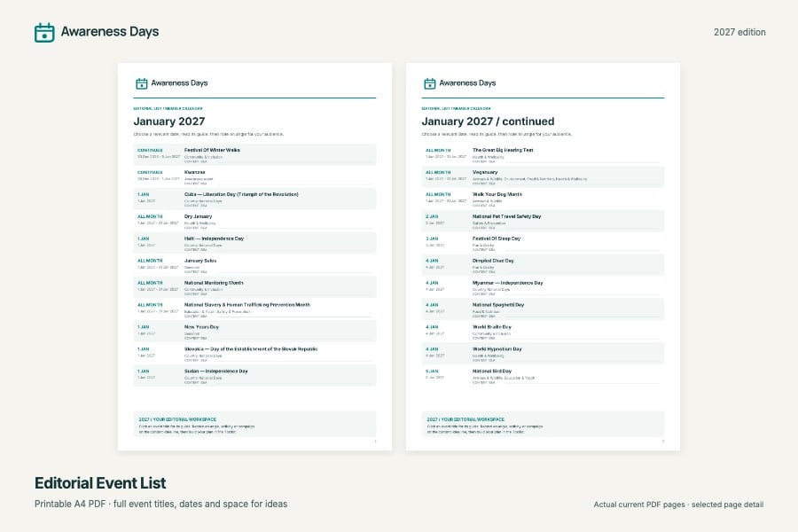 The full-year editorial event list PDF
